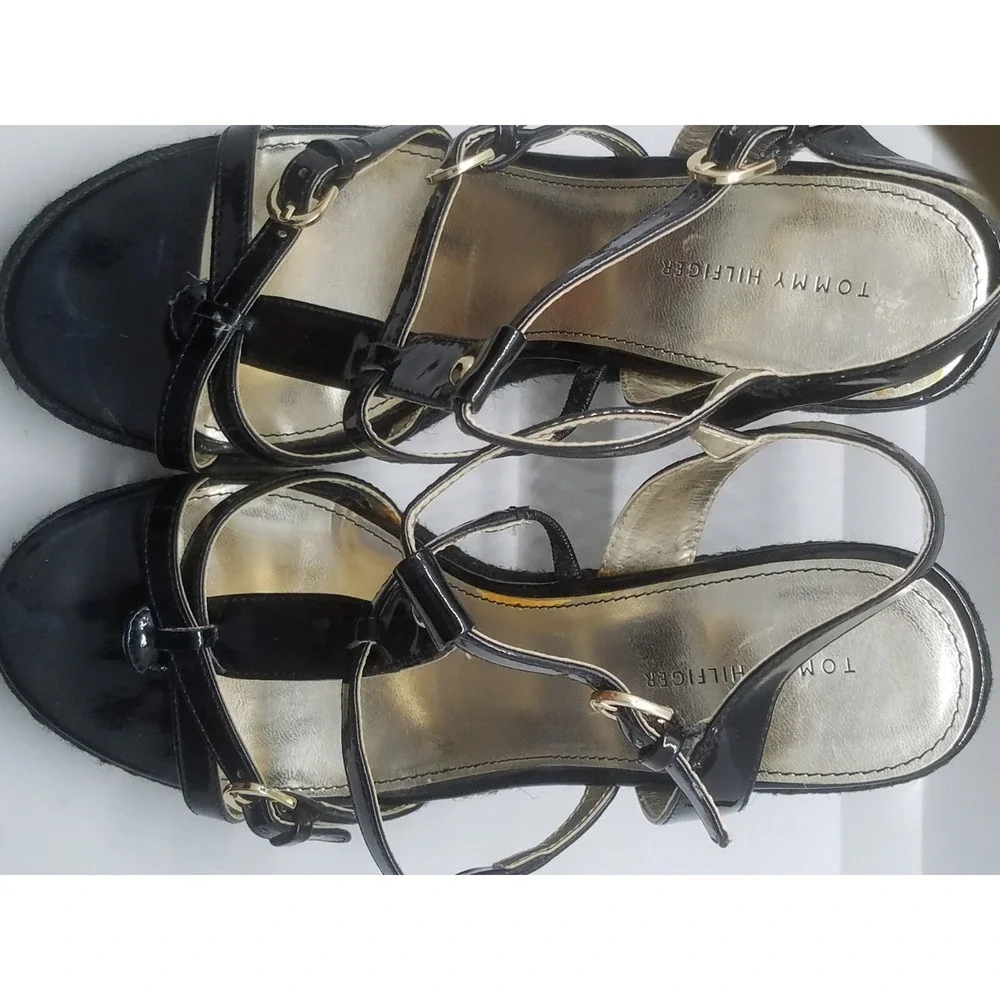 Tommy Hilfiger Espadrille Wedge Slingback Sandals SZ 10M Black Stripped Heel
